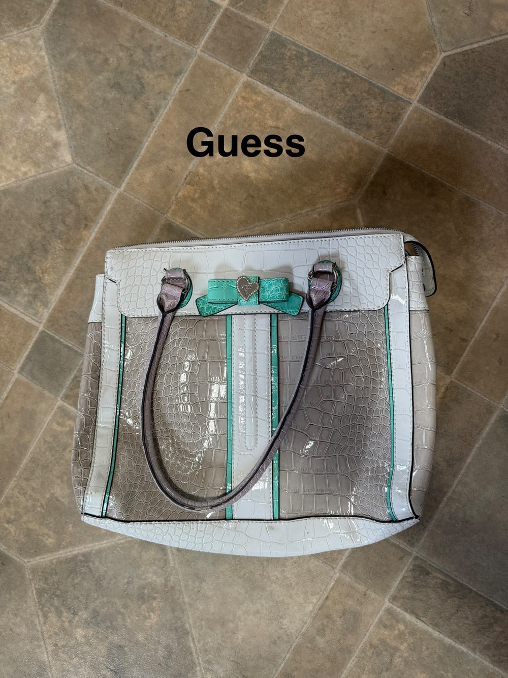 Guess White and Teal Croc-Embossed Tote with Brown Handles